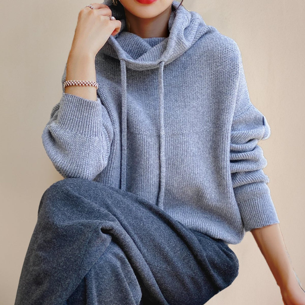 Women's Merino Wool Hooded Turtleneck Sweater Oversized Knit Pullover