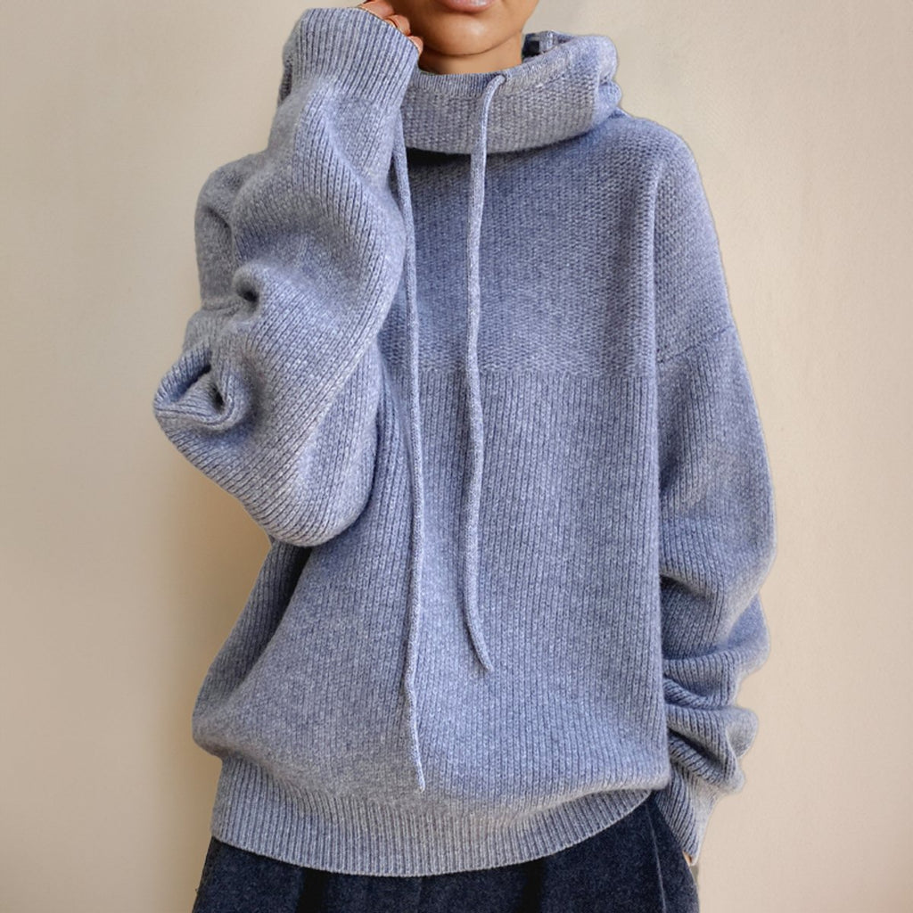 Women's Merino Wool Hooded Turtleneck Sweater Oversized Knit Pullover - Gray