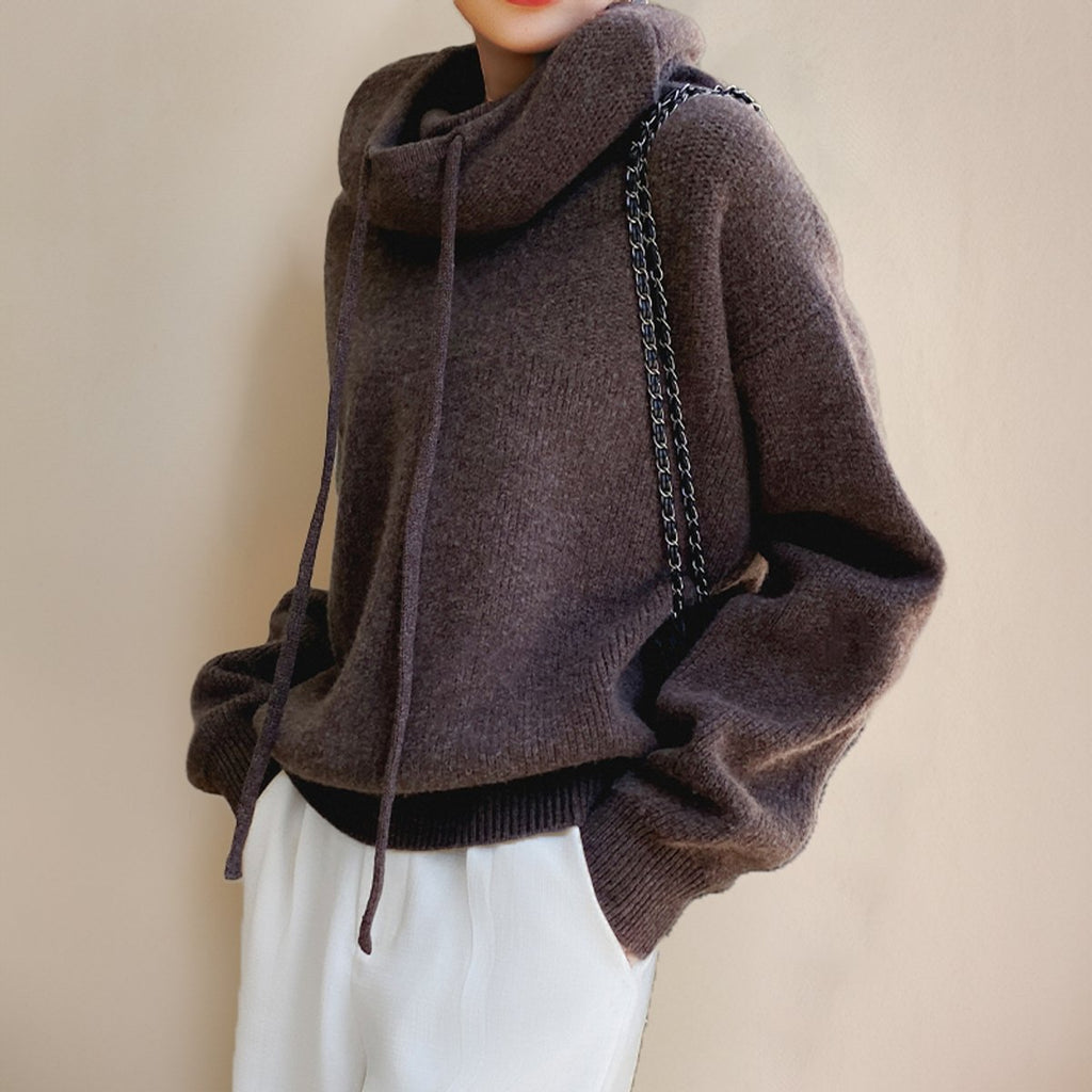 Women's Merino Wool Hooded Turtleneck Sweater Oversized Knit Pullover