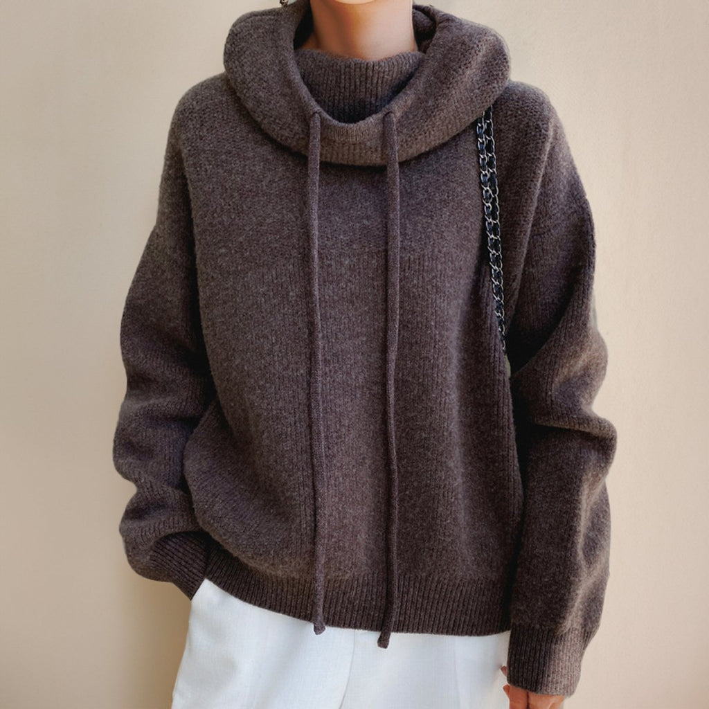 Women's Merino Wool Hooded Turtleneck Sweater Oversized Knit Pullover - Brown