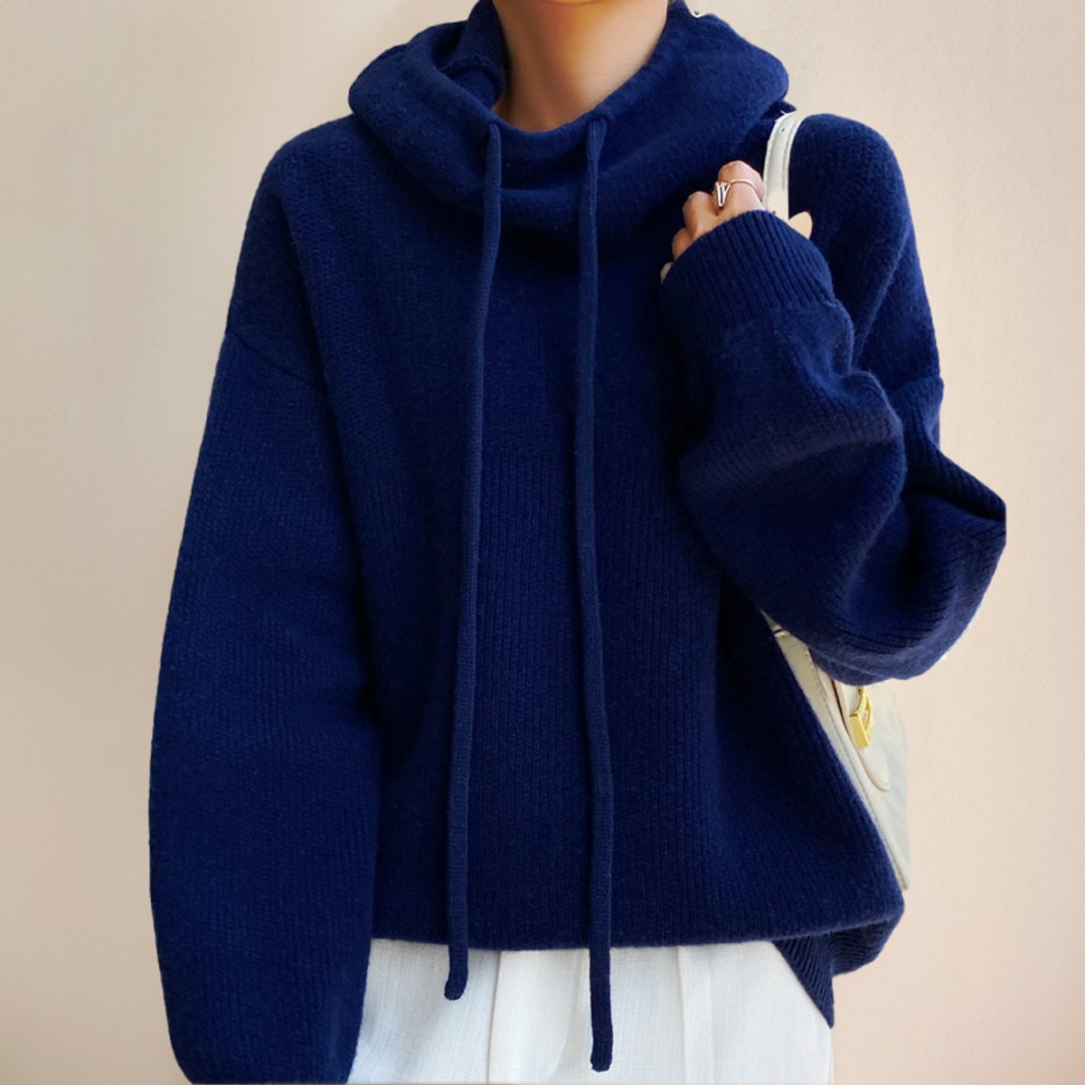 Women's Merino Wool Hooded Turtleneck Sweater Oversized Knit Pullover - Blue