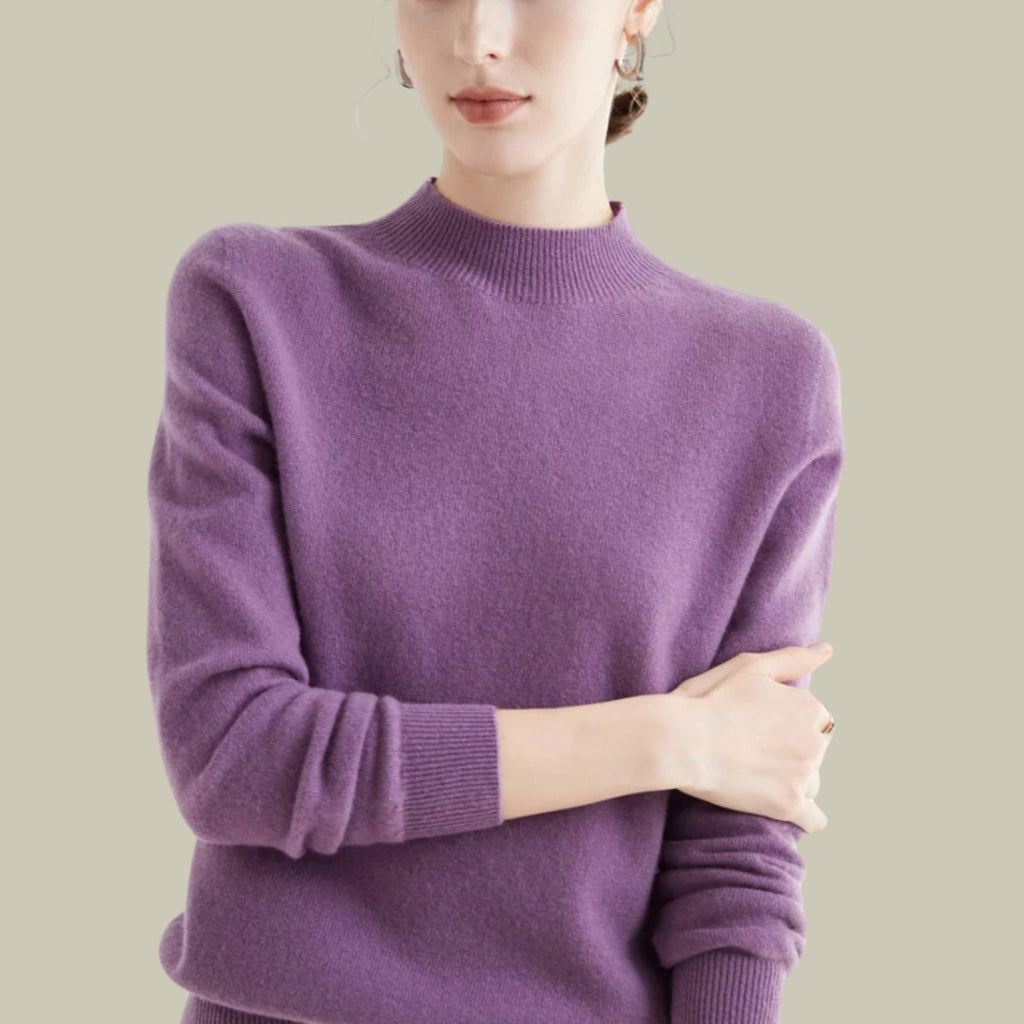 Women's Merino Wool Sweaters Mock Neck Slim Fit Pullover - Purple