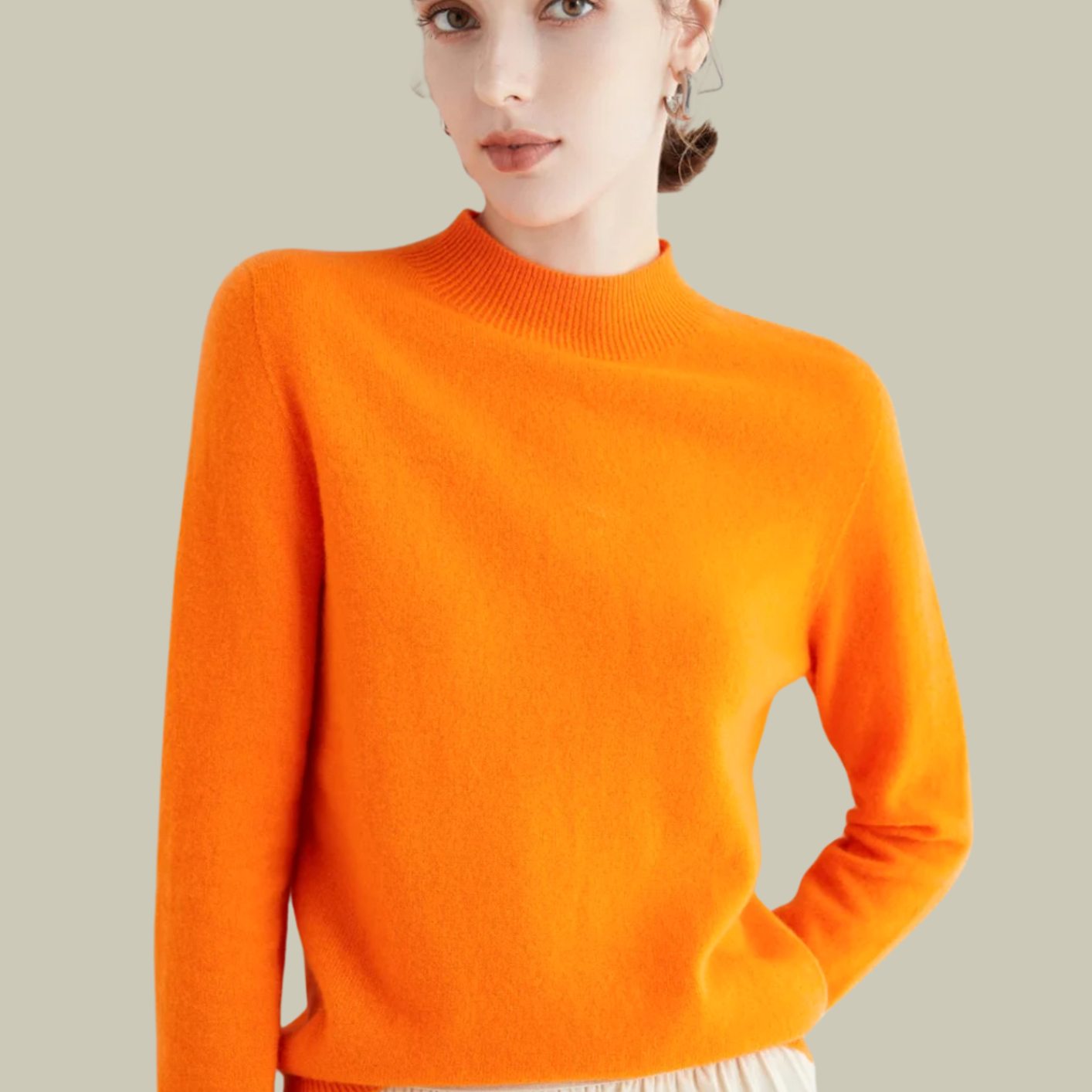Women's Merino Wool Sweaters Mock Neck Slim Fit Pullover - Orange