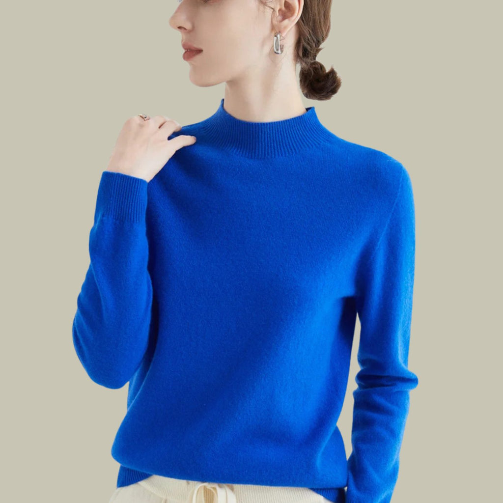 Women's Merino Wool Sweaters Mock Neck Slim Fit Pullover - Blue