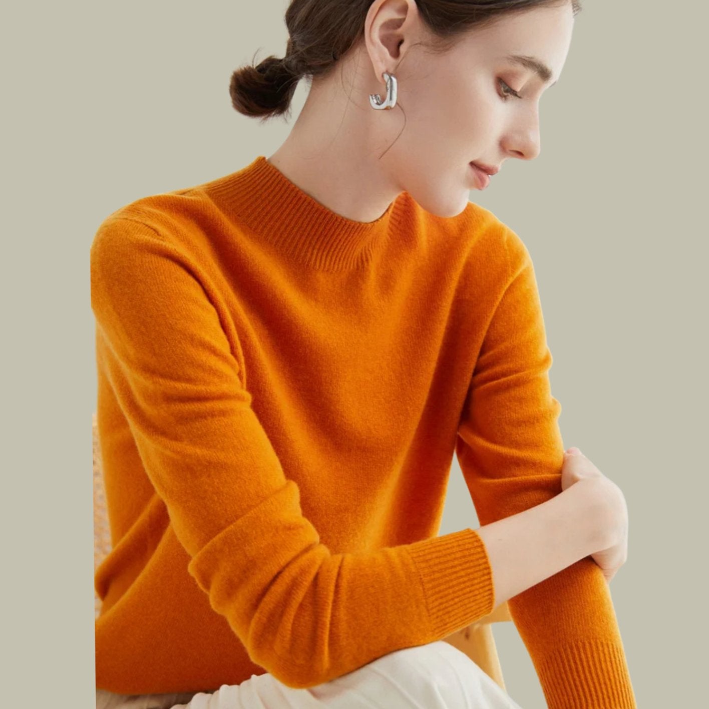 Women's Merino Wool Sweaters Mock Neck Slim Fit Pullover - Pumpkin