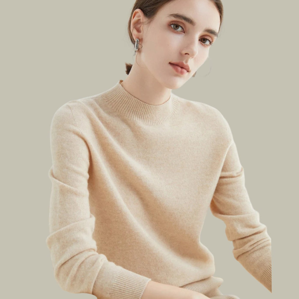 Women's Merino Wool Sweaters Mock Neck Slim Fit Pullover - Beige
