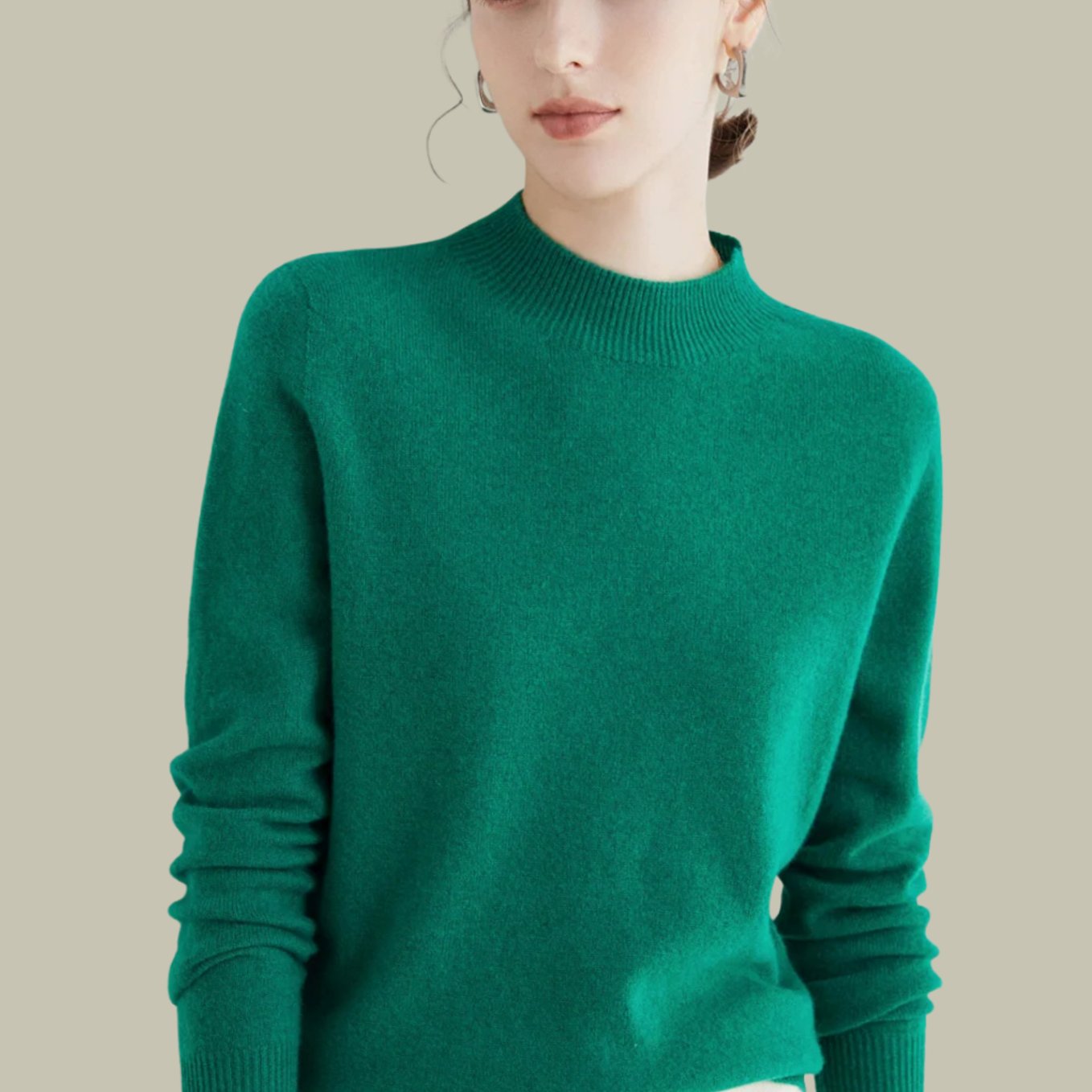 Women's Merino Wool Sweaters Mock Neck Slim Fit Pullover - Jacquard Green