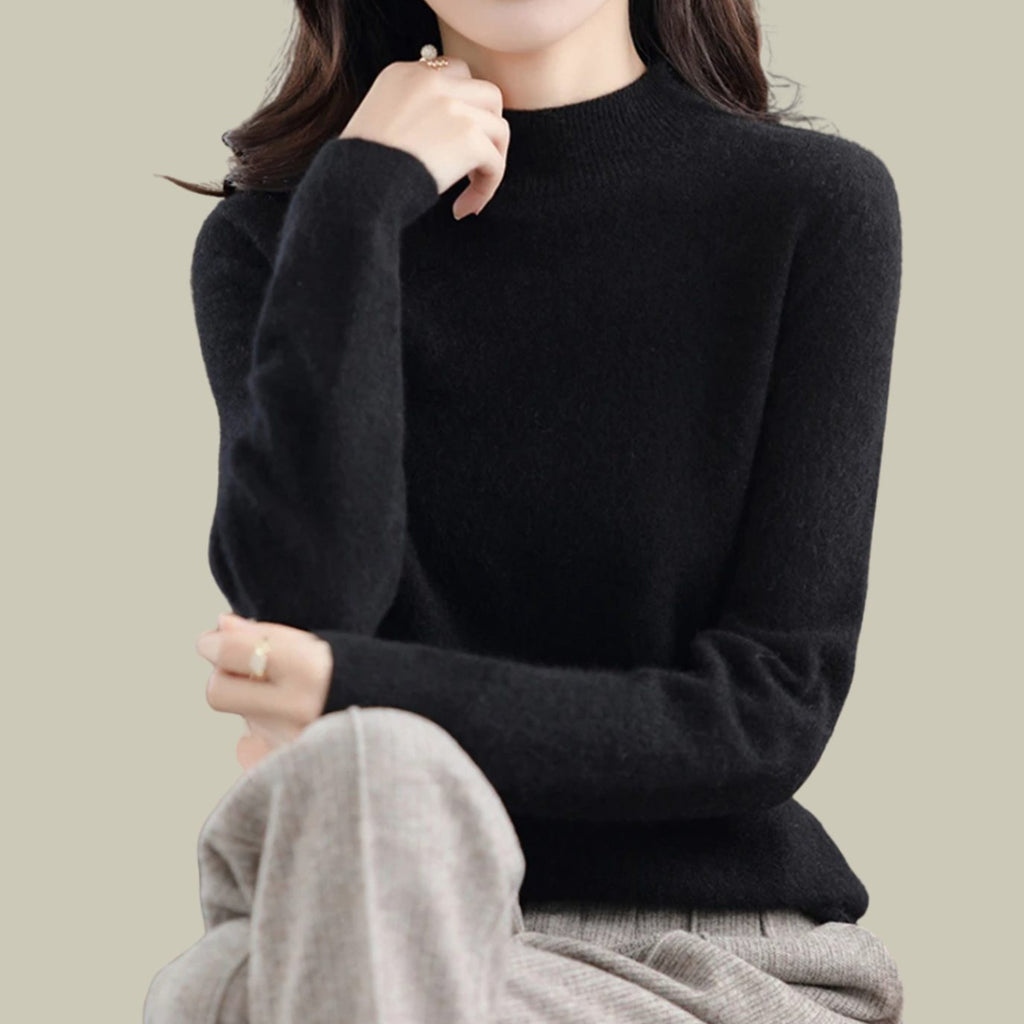 Women's Merino Wool Sweaters Mock Neck Slim Fit Pullover - Black