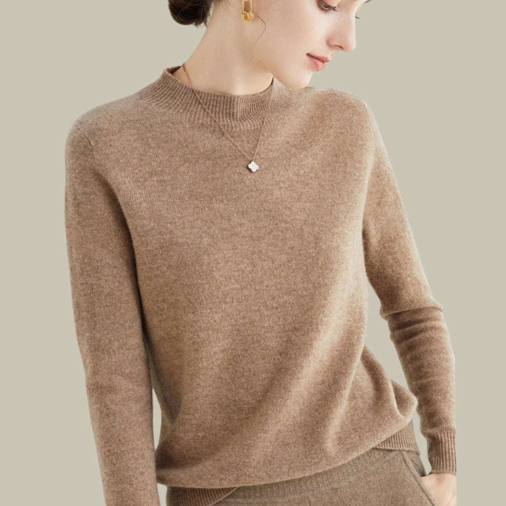 Women's Merino Wool Sweaters Mock Neck Slim Fit Pullover - Light Tan