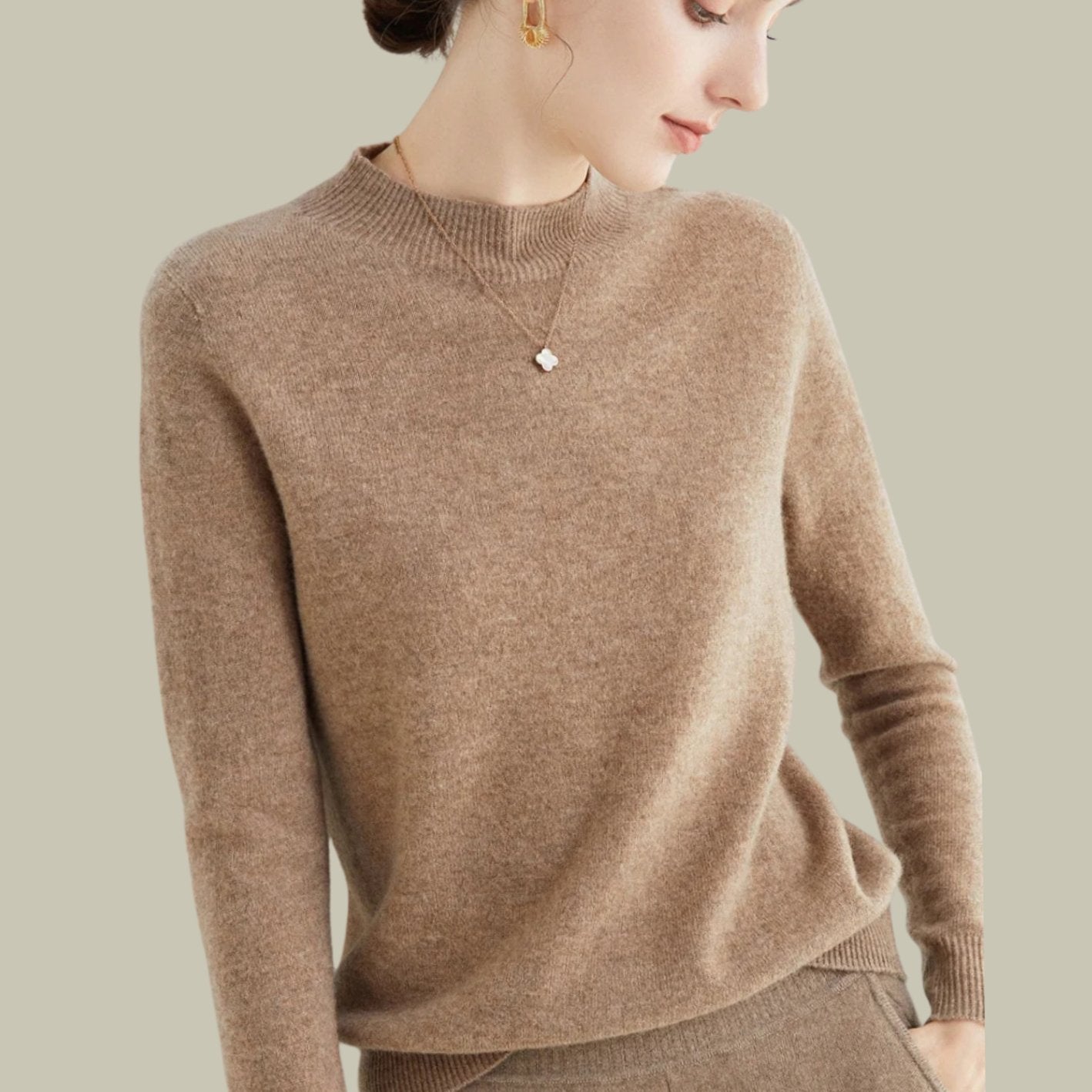 Women's Merino Wool Sweaters Mock Neck Slim Fit Pullover - Light Tan