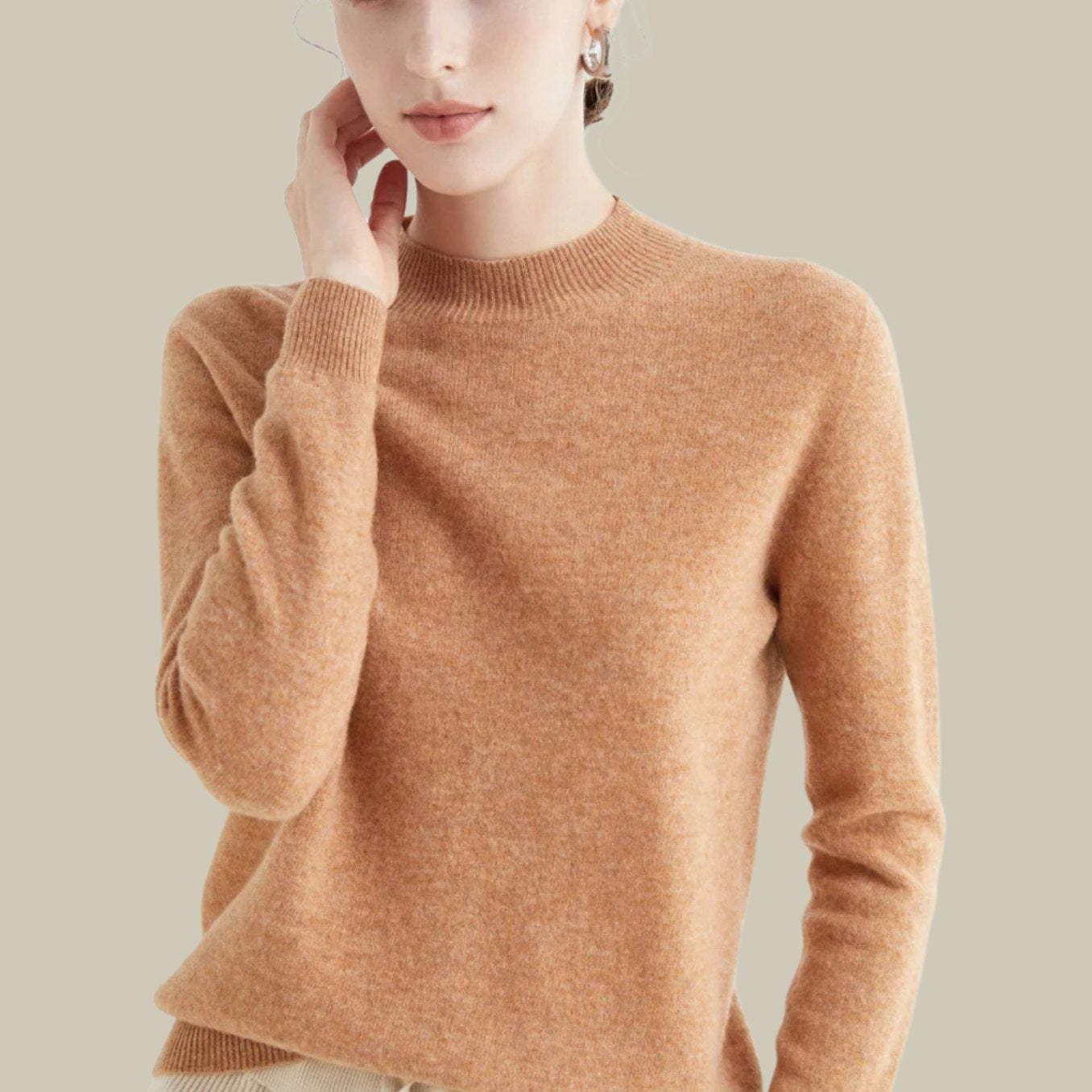 Women's Merino Wool Sweaters Mock Neck Slim Fit Pullover - Golden Camel