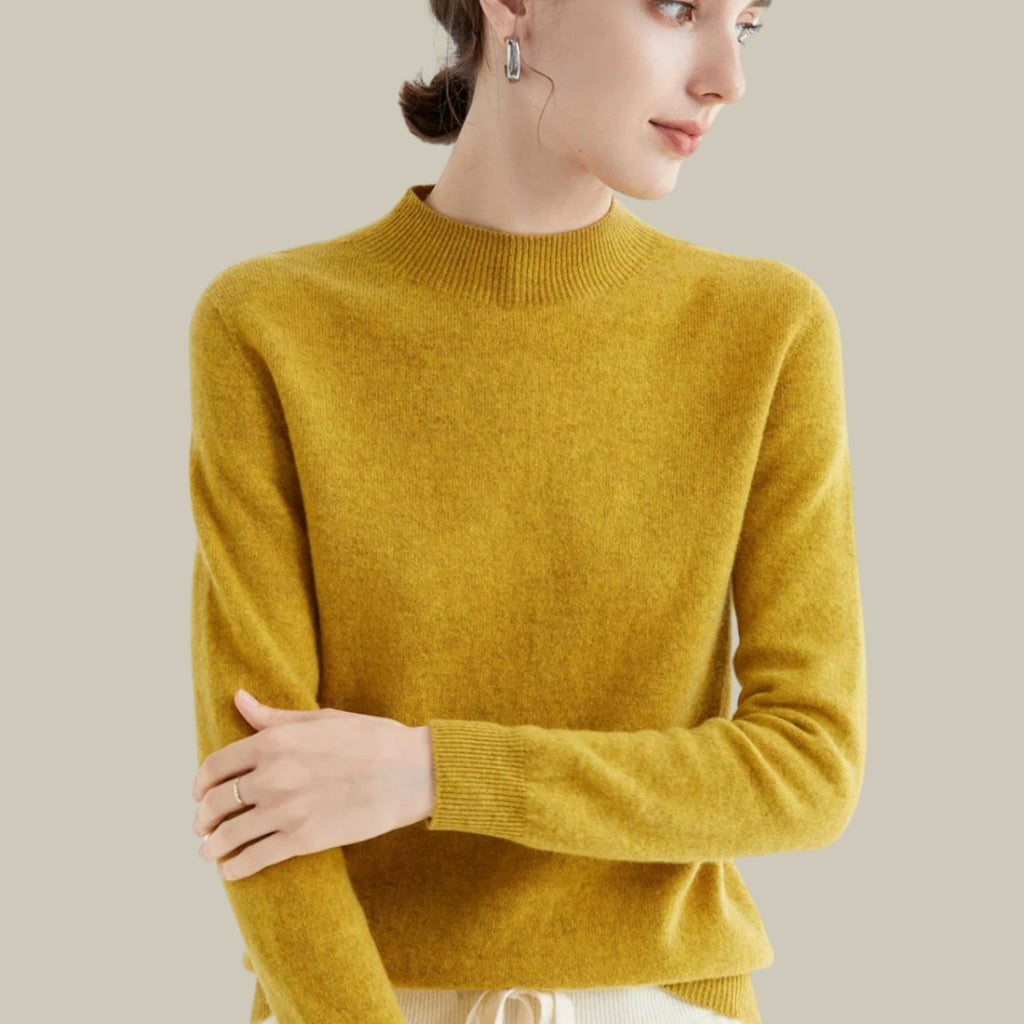 Women's Merino Wool Sweaters Mock Neck Slim Fit Pullover - Mustard Yellow