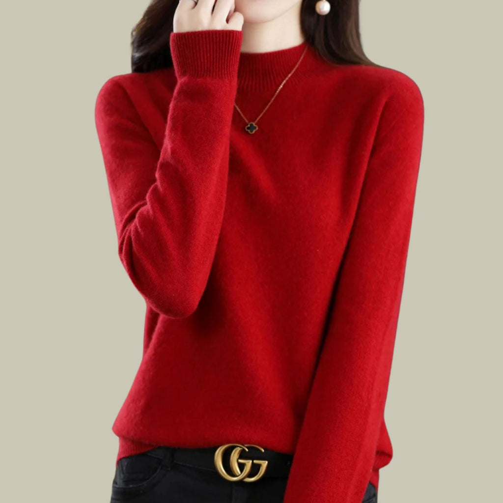 Women's Merino Wool Sweaters Mock Neck Slim Fit Pullover - Wine Red