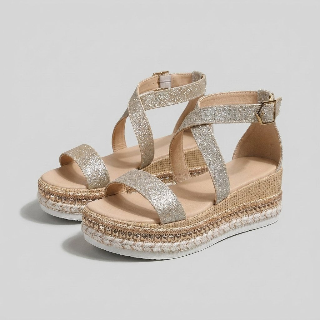 Women's Metallic Open-Toe Espadrille Platform Sandals Ankle Strap - Silver