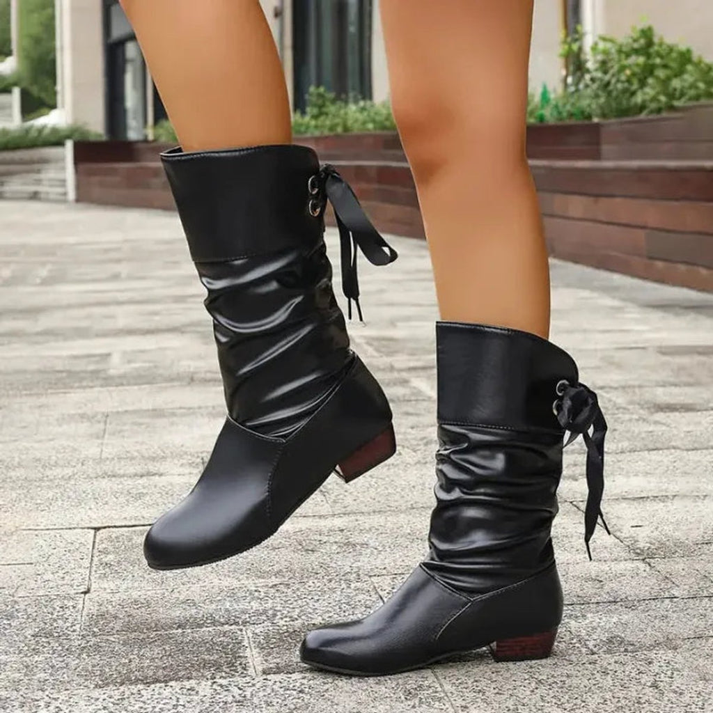 Women's Mid-Calf Lace-Up Slouchy Block Heel Ankle Boots
