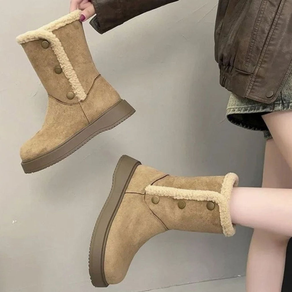 Women's Mid-Calf Sherpa-Lined Suede Snow Winter Boots - Khaki