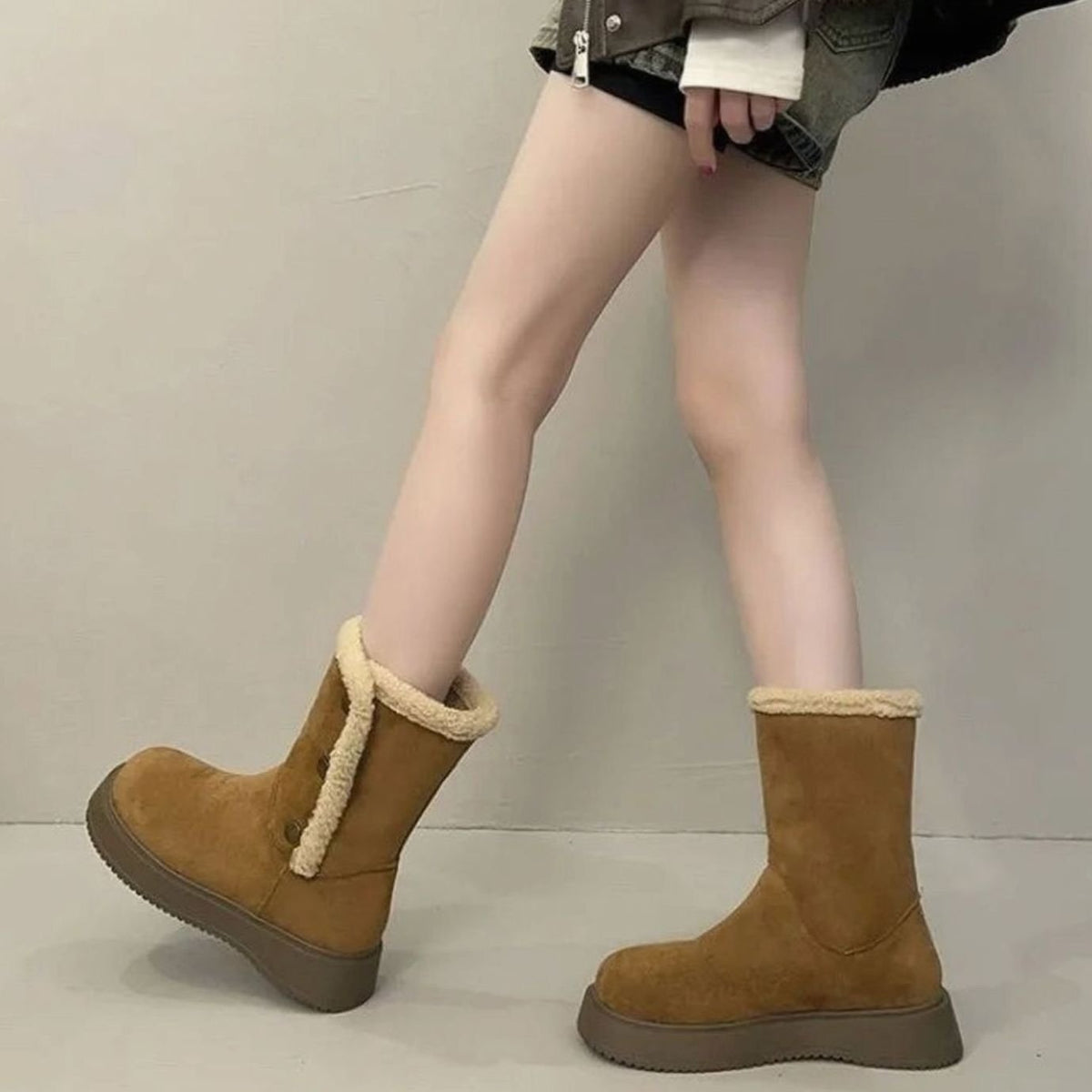 Women's Mid-Calf Sherpa-Lined Suede Snow Winter Boots - Camel