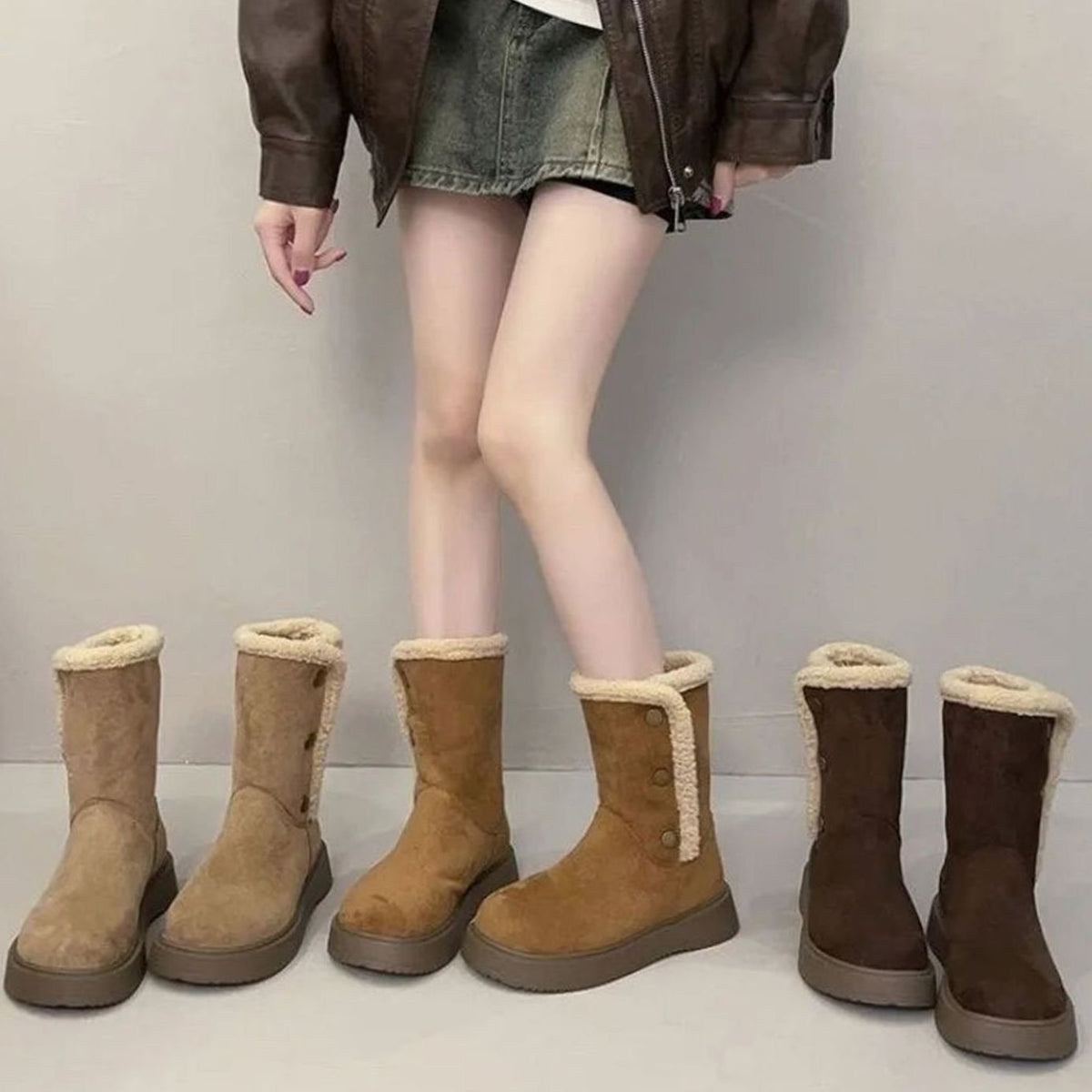 Women's Mid-Calf Sherpa-Lined Suede Snow Winter Boots
