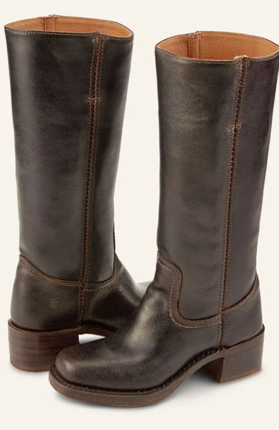 Women's Mid-Calf Slip-On Classic Western Boots Stacked Heel - Dark Brown