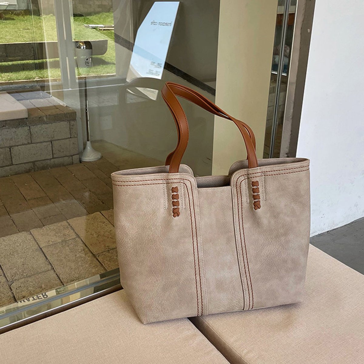 Women's Minimalist Vegan Leather Large Tote Bag - Khaki