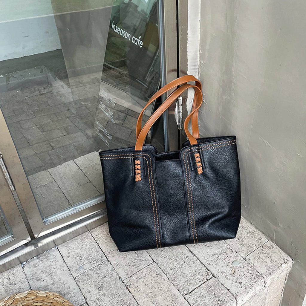 Women's Minimalist Vegan Leather Large Tote Bag - Schwarz