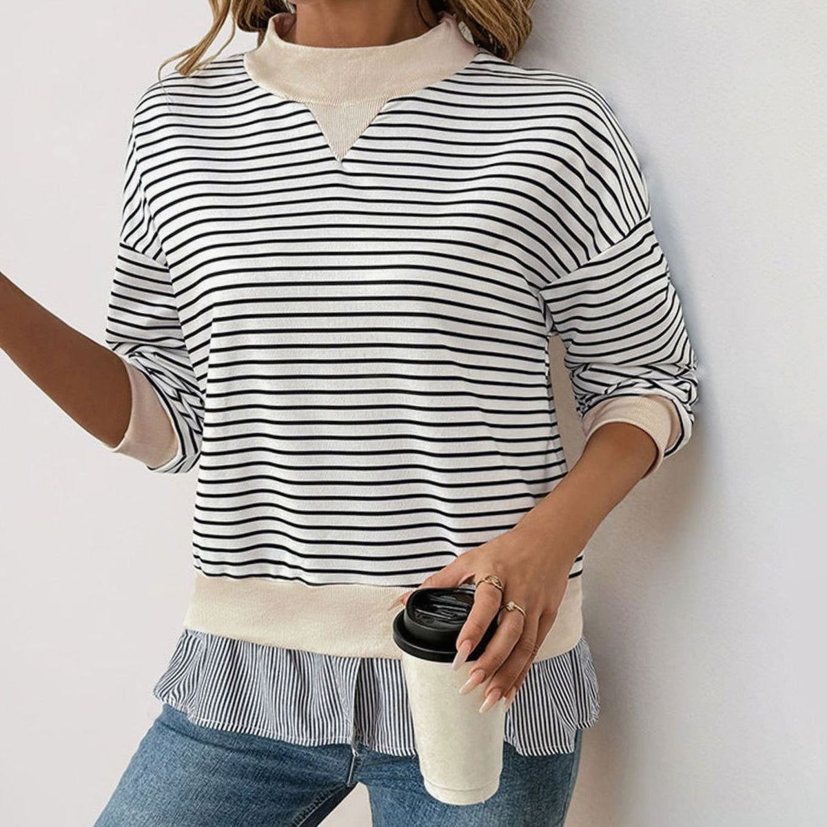 Women's Mock Neck Striped Layered Frill Hem Sweatshirt