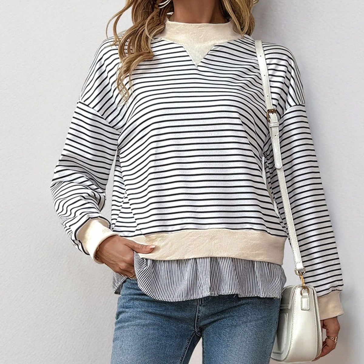Women's Mock Neck Striped Layered Frill Hem Sweatshirt