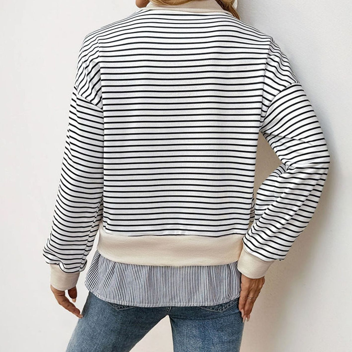 Women's Mock Neck Striped Layered Frill Hem Sweatshirt