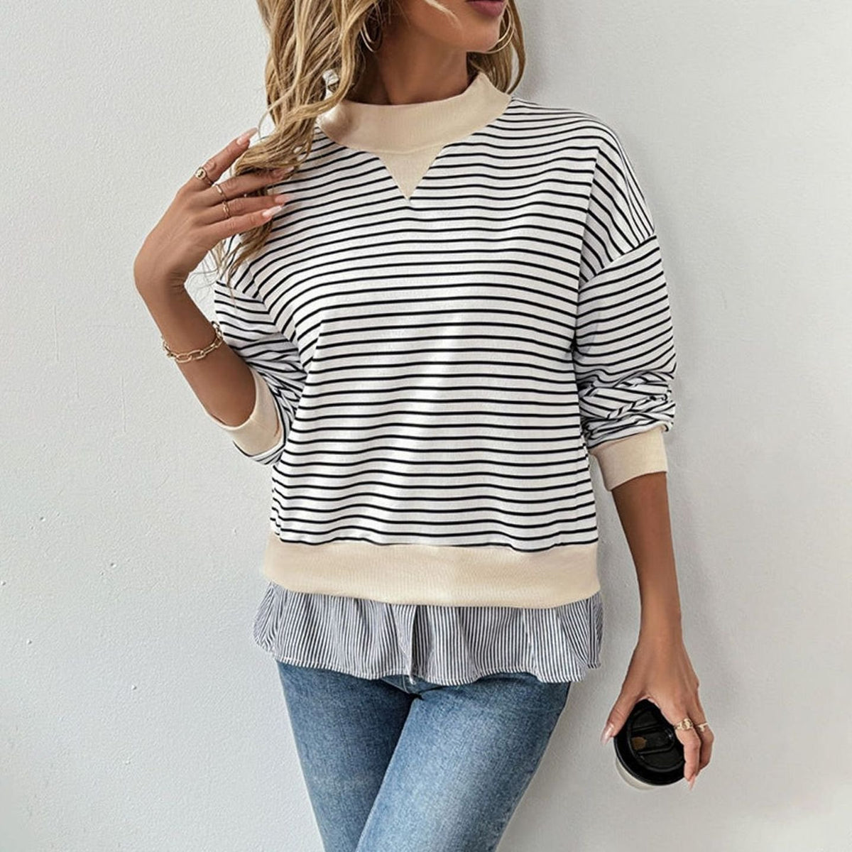 Women's Mock Neck Striped Layered Frill Hem Sweatshirt - Black and White