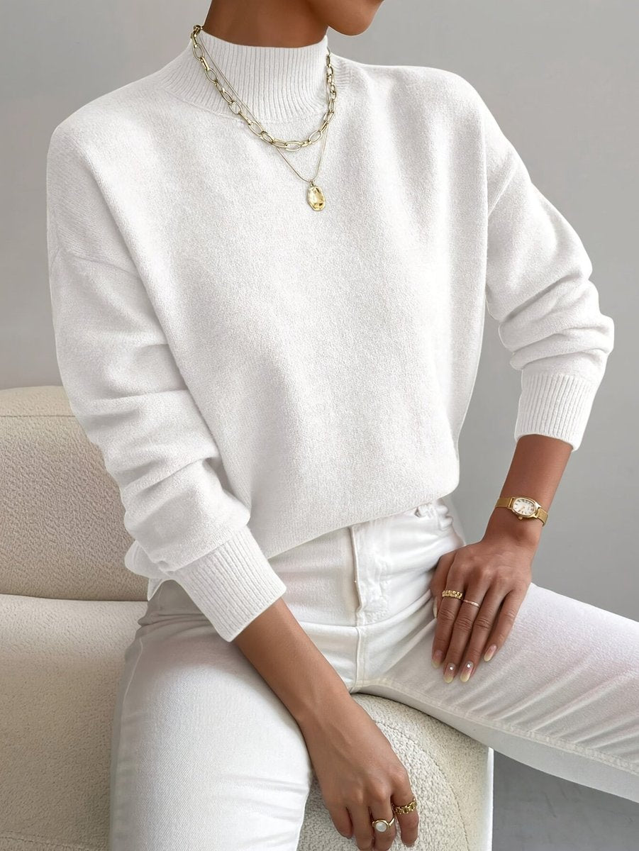 Women's Mock Turtleneck Relaxed-Fit Long-Sleeve Sweater - White