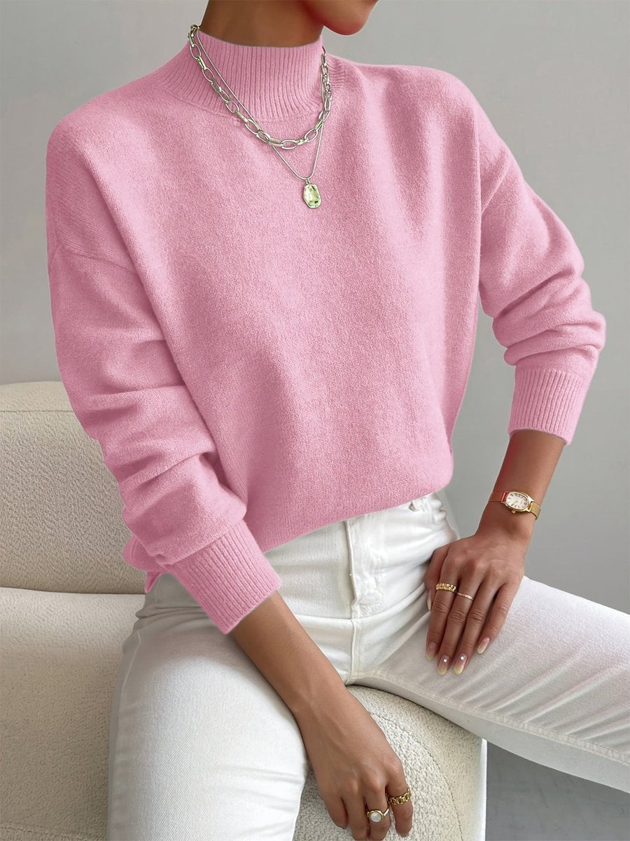 Women's Mock Turtleneck Relaxed-Fit Long-Sleeve Sweater - Light Pink