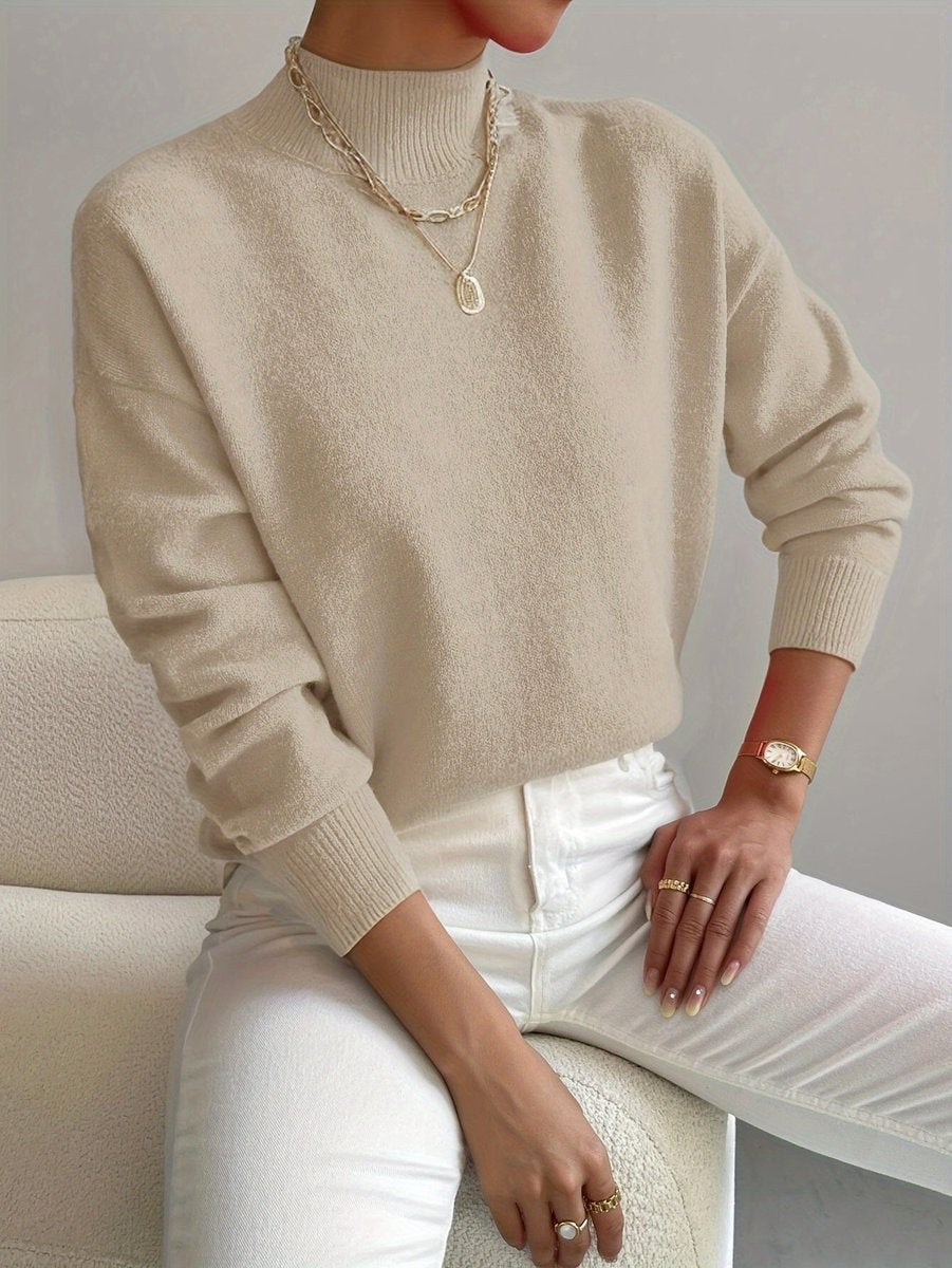Women's Mock Turtleneck Relaxed-Fit Long-Sleeve Sweater - Beige