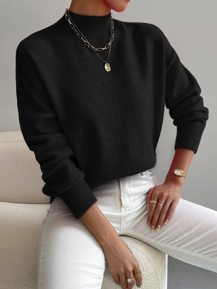 Women's Mock Turtleneck Relaxed-Fit Long-Sleeve Sweater - Black