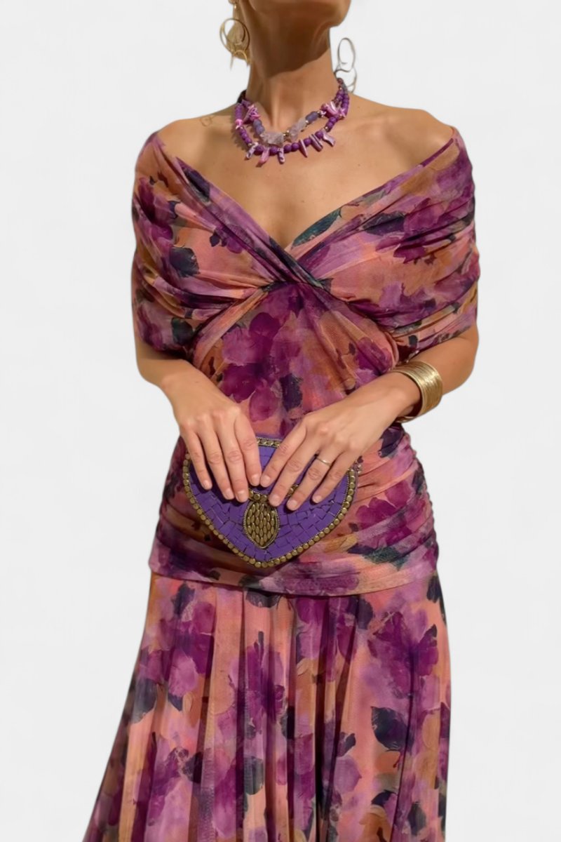Women's Off-Shoulder Flowing Maxi Cocktail Party Dress - Purple