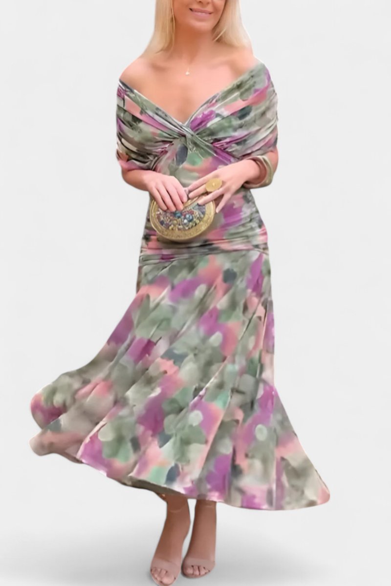 Women's Off-Shoulder Flowing Maxi Cocktail Party Dress - Multicolor