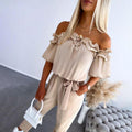 Women's Off-Shoulder Ruffle Tie-Waist Jumpsuit - Apricot