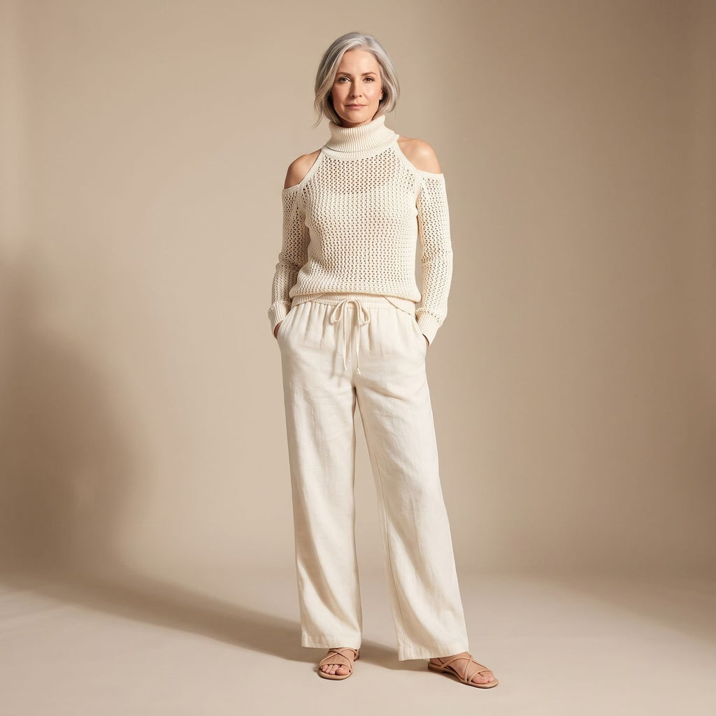 Women's Off Shoulder Two Piece Set Knit Top Wide-Leg Pants - Beige