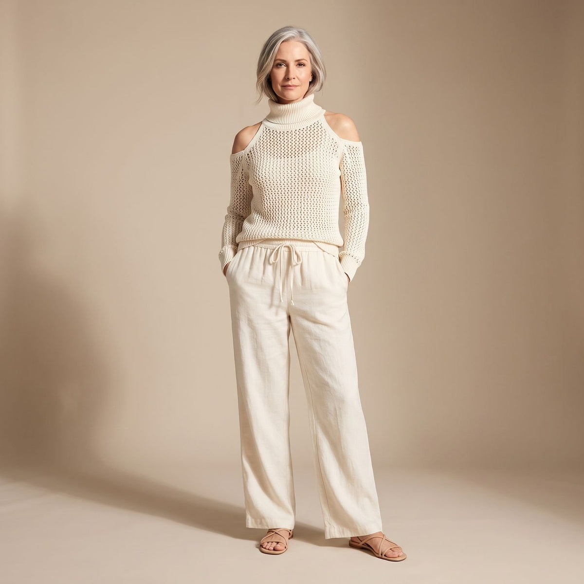 Women's Off Shoulder Two Piece Set Knit Top Wide-Leg Pants - Beige