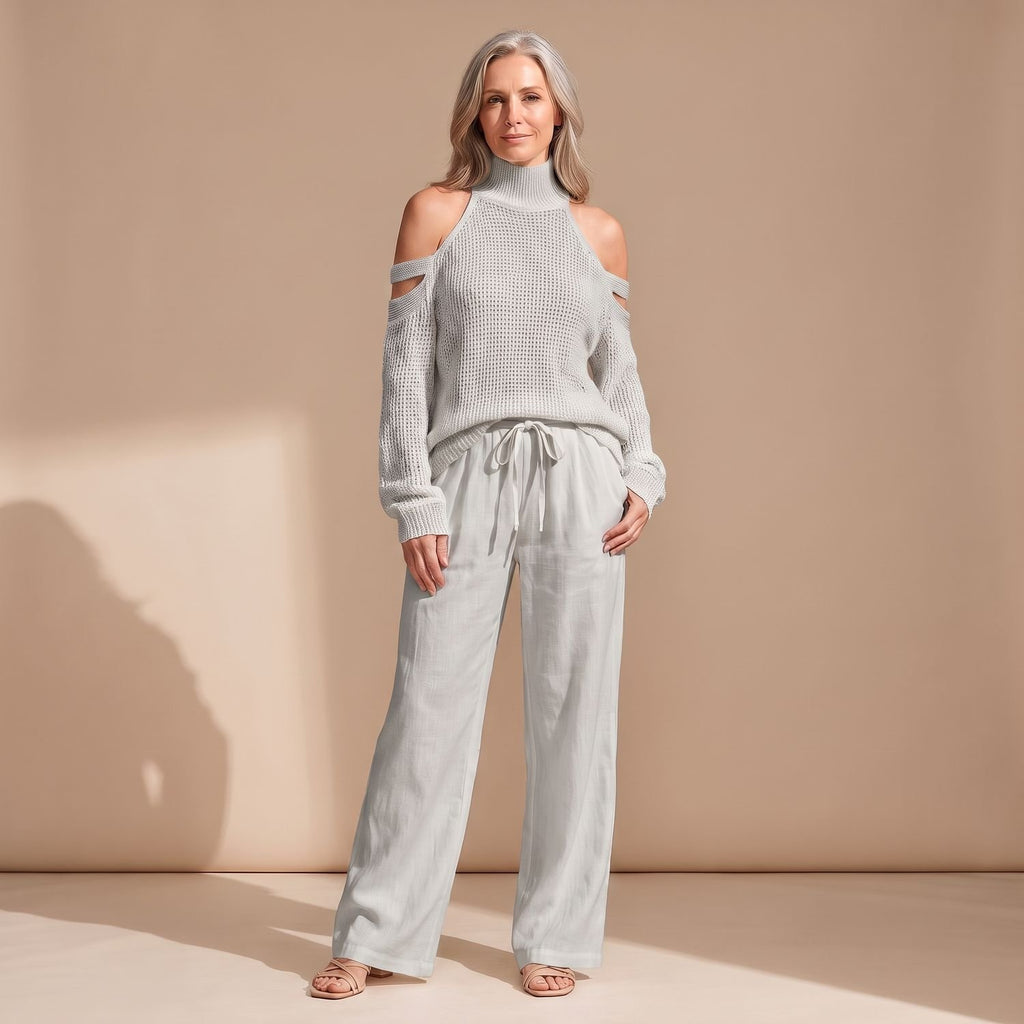 Women's Off Shoulder Two Piece Set Knit Top Wide-Leg Pants - Gray