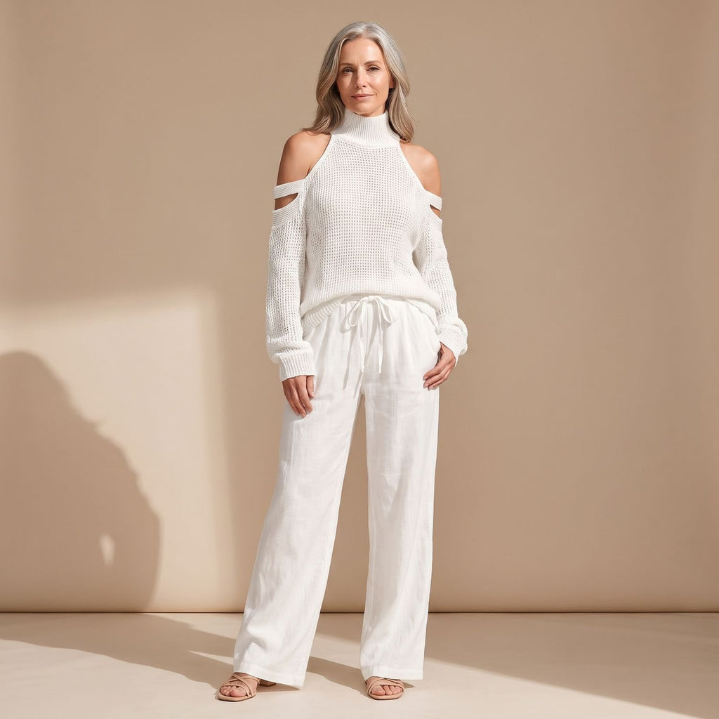 Women's Off Shoulder Two Piece Set Knit Top Wide-Leg Pants - White
