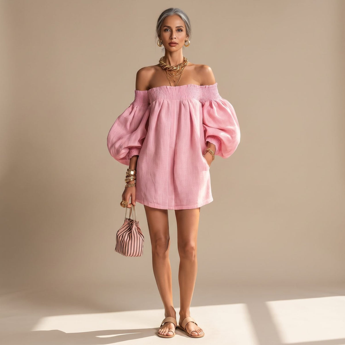 Women's Off the Shoulder Puff Sleeve Long Sleeve Mini Dress