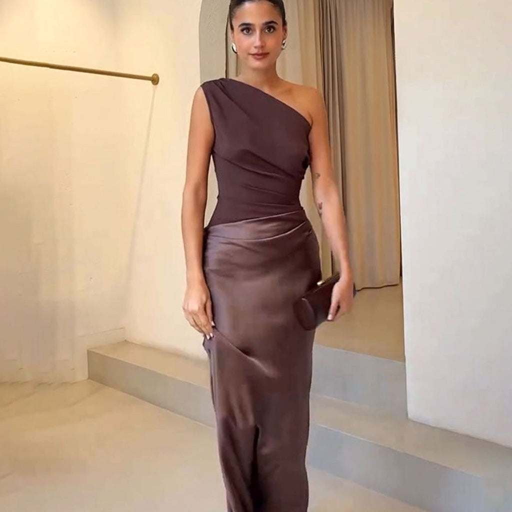 Women's One-Shoulder Asymmetric Neckline Elegant Maxi Dress - Dark Brown
