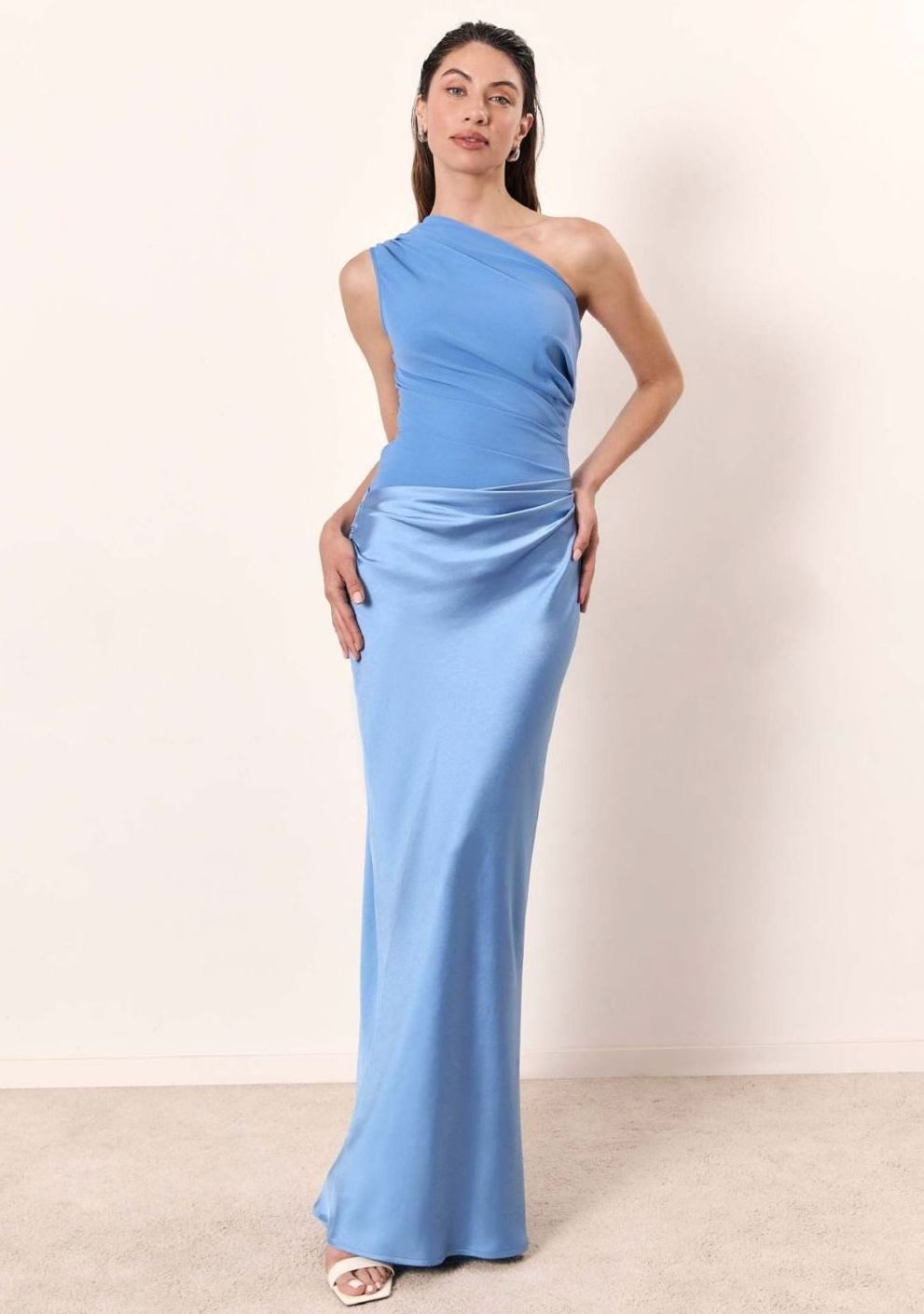 Women's One-Shoulder Asymmetric Neckline Elegant Maxi Dress - Sky Blue