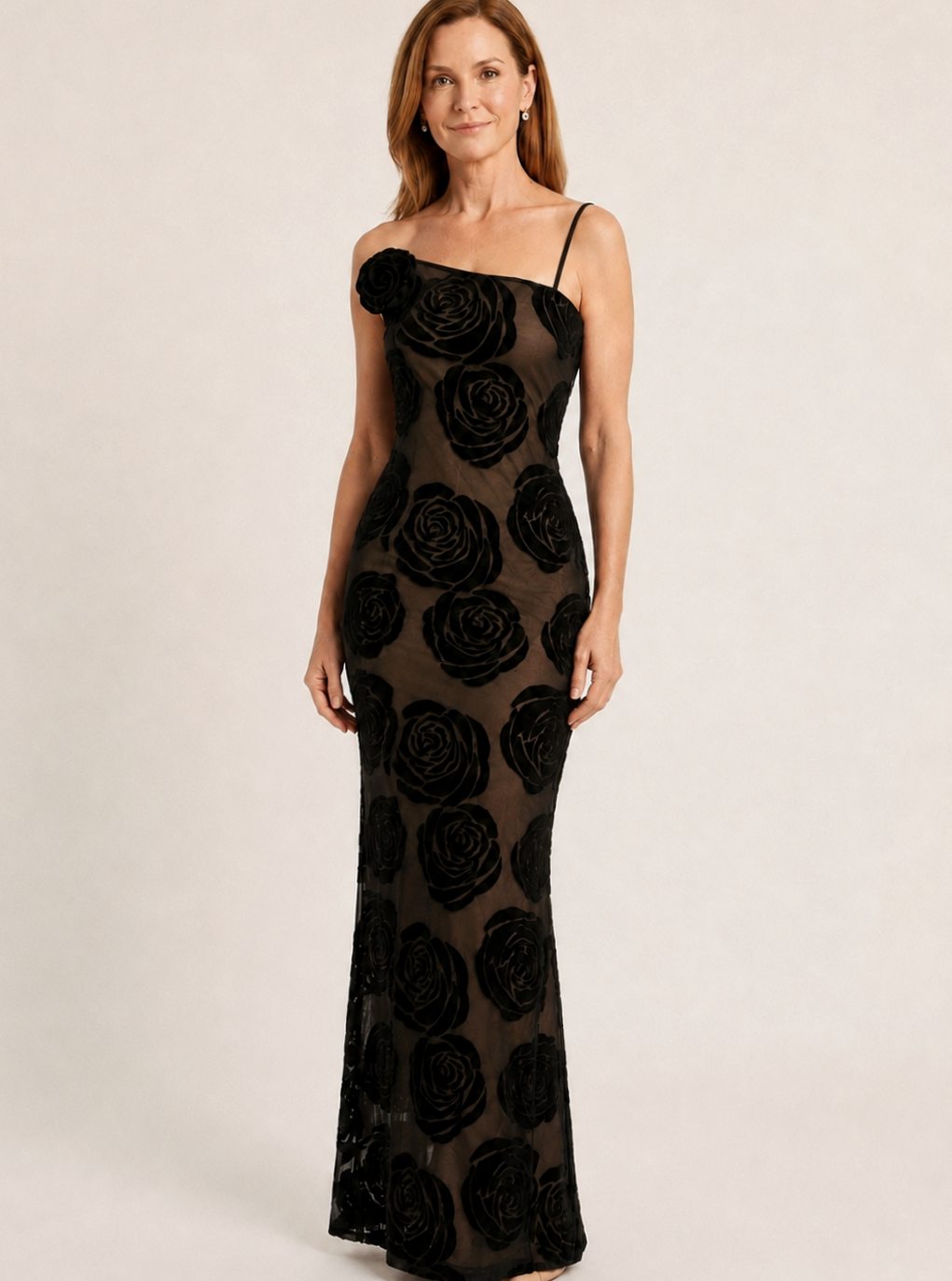 Women's One-Shoulder Floral Lace Black Maxi Gown - Black