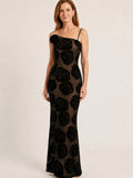 Women's One-Shoulder Floral Lace Black Maxi Gown - Black
