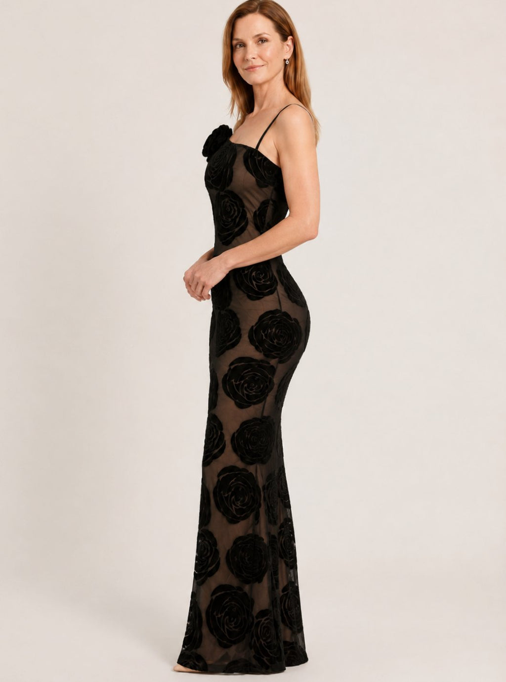 Women's One-Shoulder Floral Lace Black Maxi Gown