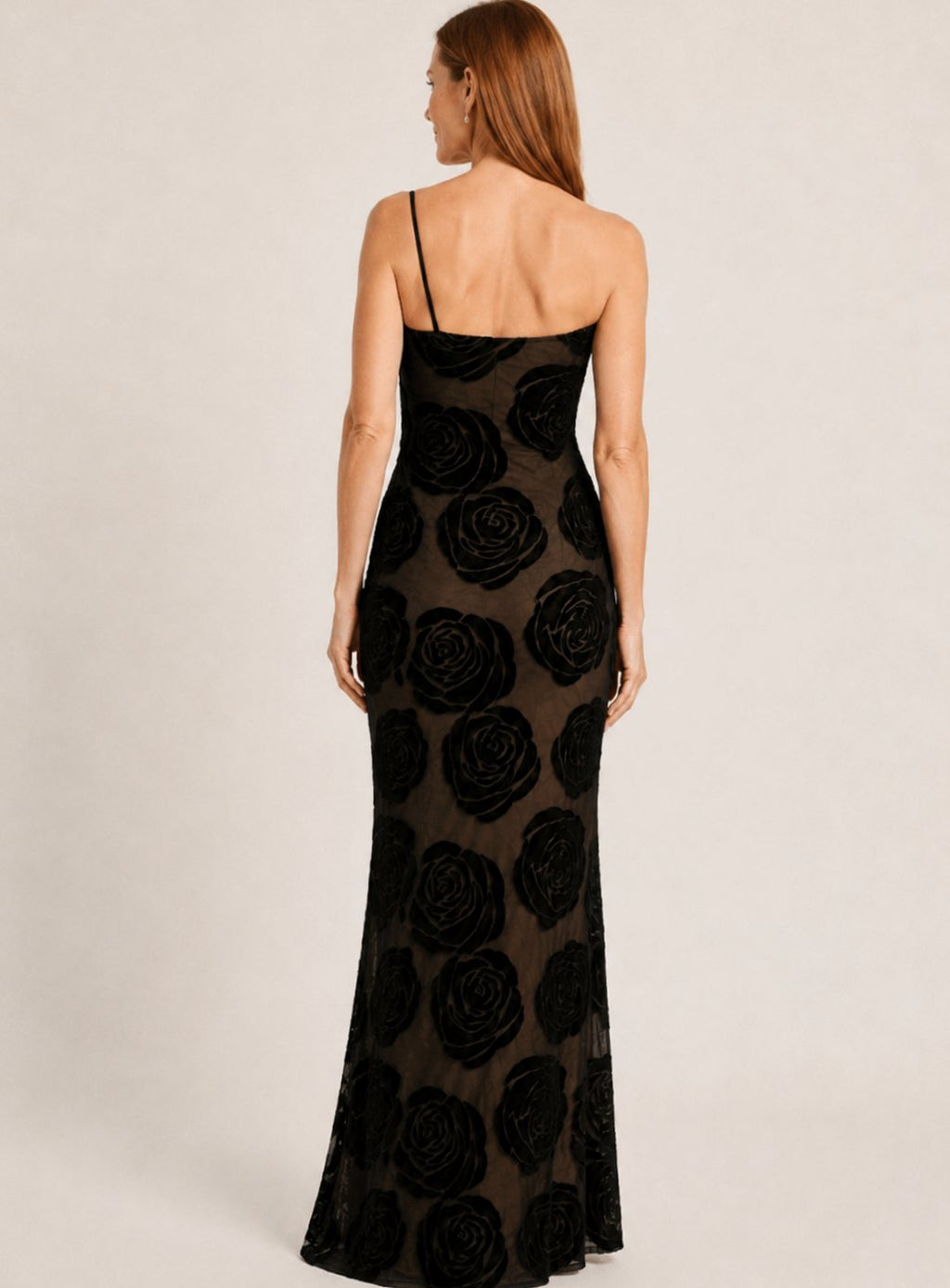 Women's One-Shoulder Floral Lace Black Maxi Gown
