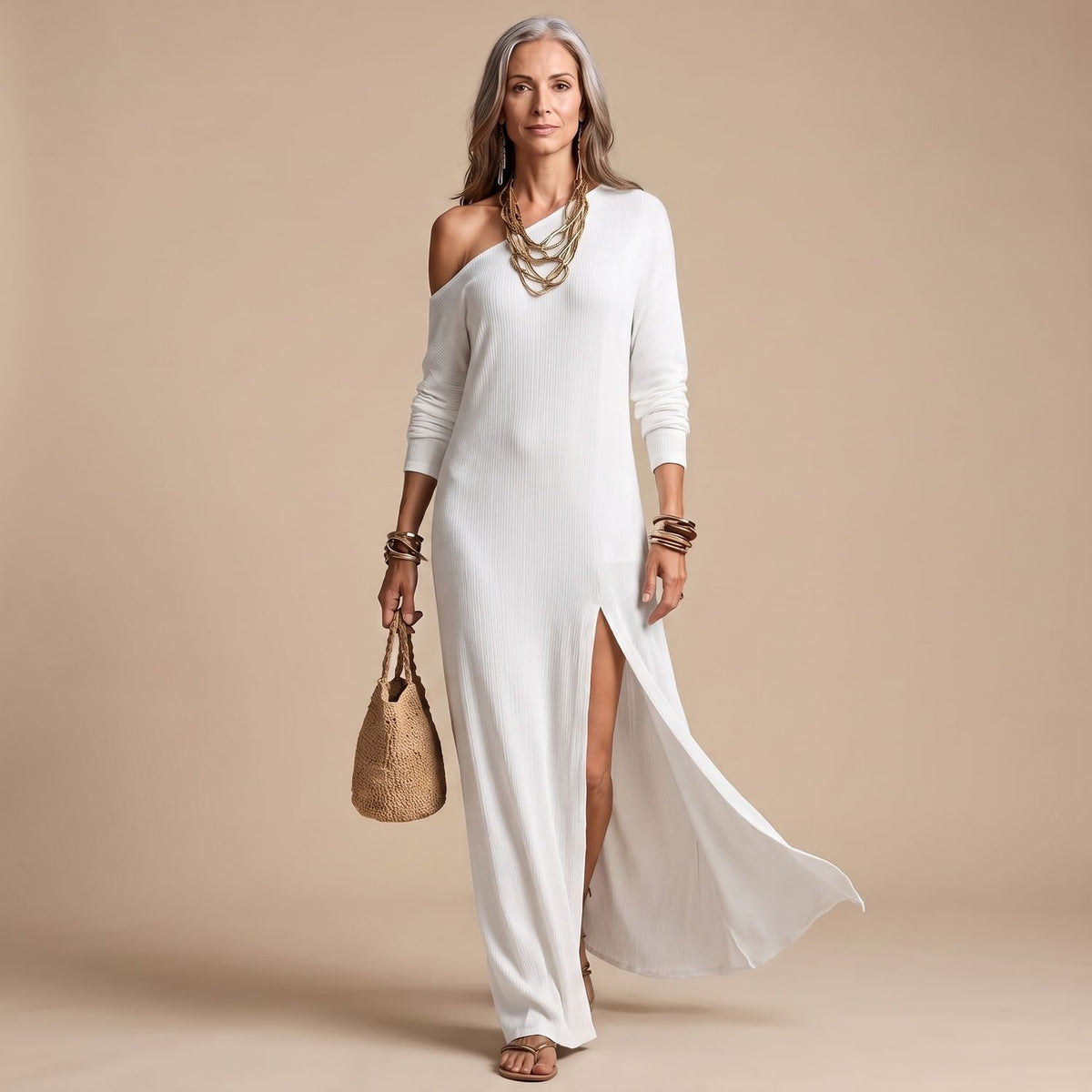 Women's One-Shoulder Long Sleeve Ribbed Maxi Dress High Slit - White