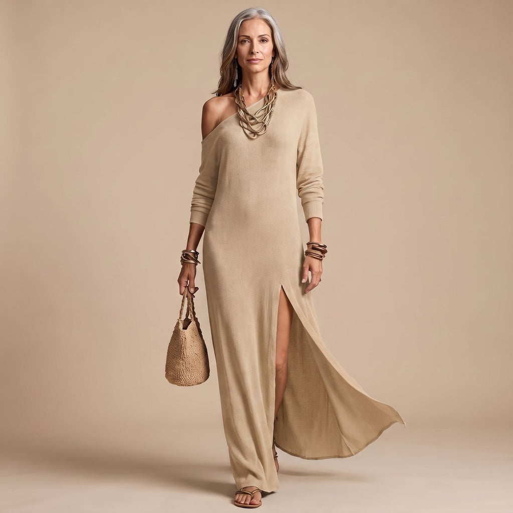 Women's One-Shoulder Long Sleeve Ribbed Maxi Dress High Slit - Khaki