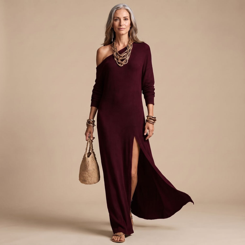 Women's One-Shoulder Long Sleeve Ribbed Maxi Dress High Slit - Burgundy